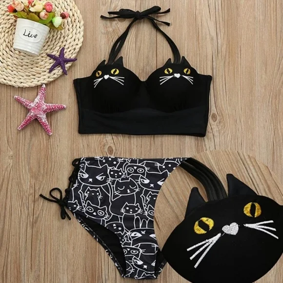 ●SALE●🇨🇦Kitty Cat Bikini Set Underwire Padded Bathing Suit Black - Picture 4 of 10